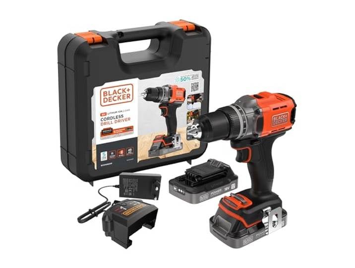 BLACK+DECKER Perceuse-visseuse sans fil 18V\, 2 batteries BCD382D2XK-QW Couple max 45Nm\, 2 batteries 2.0Ah\, chargeur 1A & Kitbox