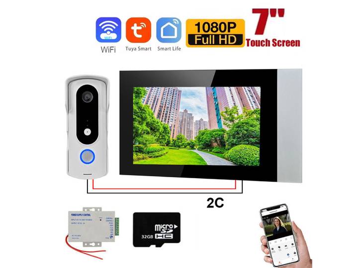 Visiophone intelligent à 2 fils, wi-fi, Tuya, 1080P, interphone vidéo, écran tactile couleur 7 pouces, caméra, sonnette, système de sécurité de porte