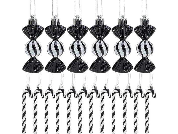 Weihnachtsbaumschmuck 18-teiliges Set Zuckerstangen & Kugeln Schwarz-Weiß, Kunststoff, 5x1x14 cm, Dekoration, Weihnachtsdekoration, Christbaumschmuck