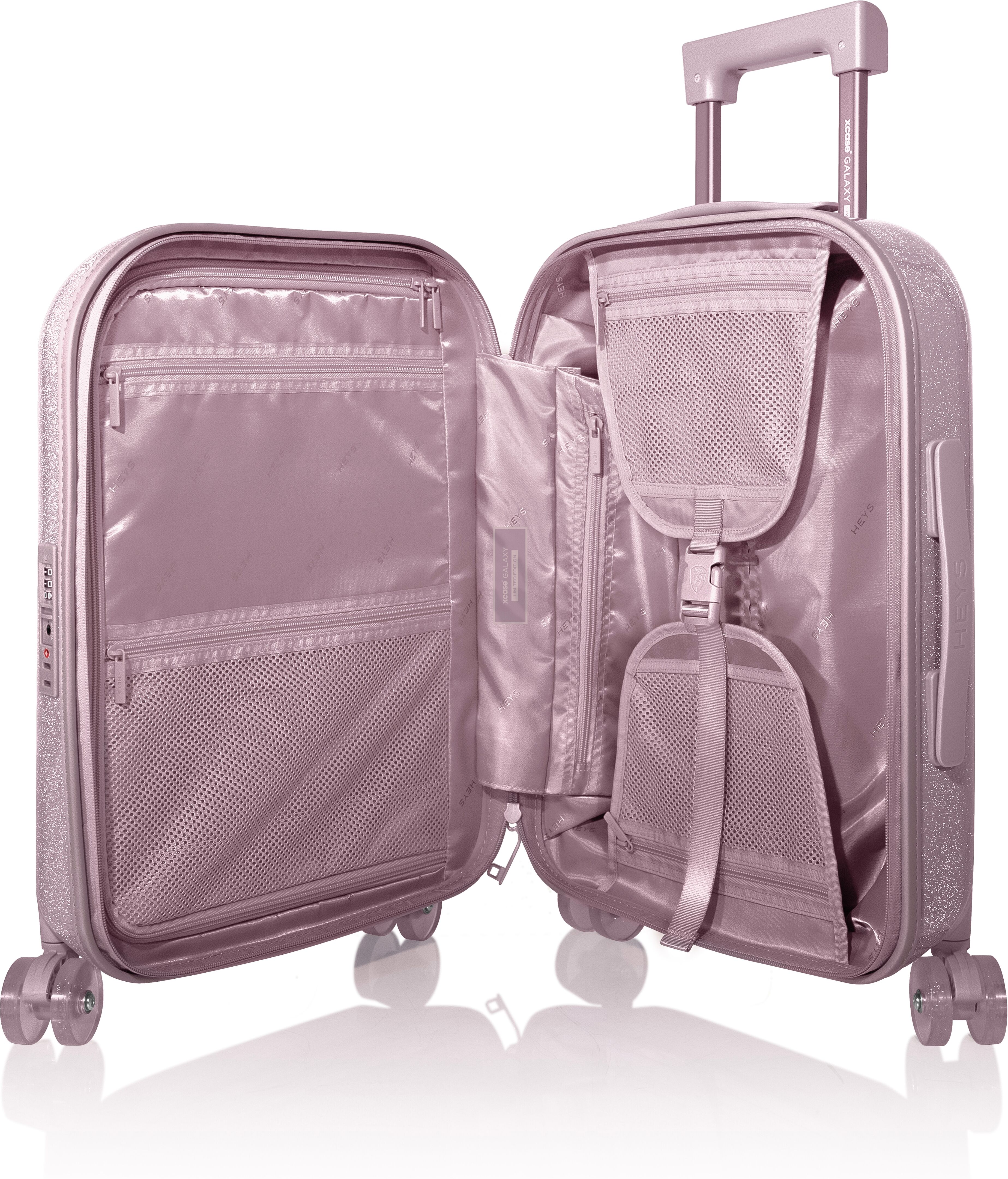 Handgepäck-Trolley HEYS "Heys xCase Galaxy", Damen, Gr. B/H/T: 53cm x 37cm x 23cm, rosa (glittering pink), Aluminium, Polycarbonat-Verbundwerkstoff, Polyester, Glitzermuster, beschichtet, gemustert, glänzend, Koffer Handgepäck-Trolley, Reisetrolley, Koffe