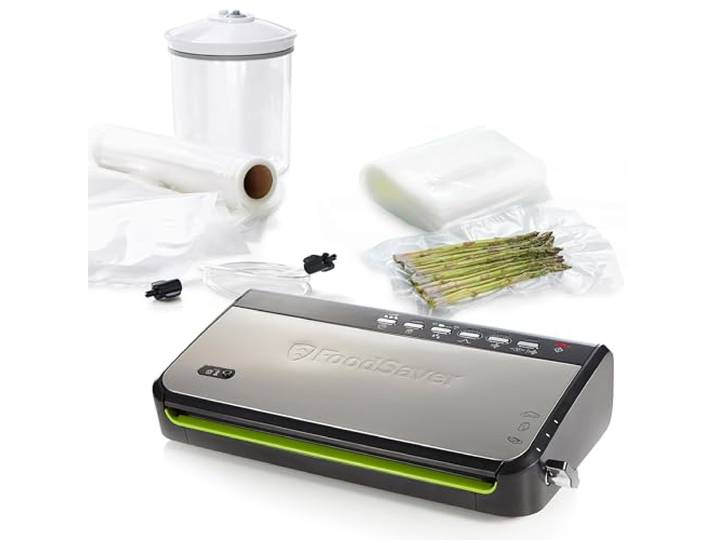 Foodsaver Vakuumiergerät für Lebensmittel mit integrierter Rollenaufbewahrung Vakuumierer mit Schneidevorrichtung und „Delicate Food“-Modus Enthält sortierte Vakuumbeutel [FFS005X]