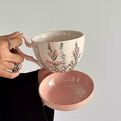 ModernMart Vintage Ceramic Breakfast Cup Set With Lid & Saucer Large Capacity Retro Coffee Mug pink Wind