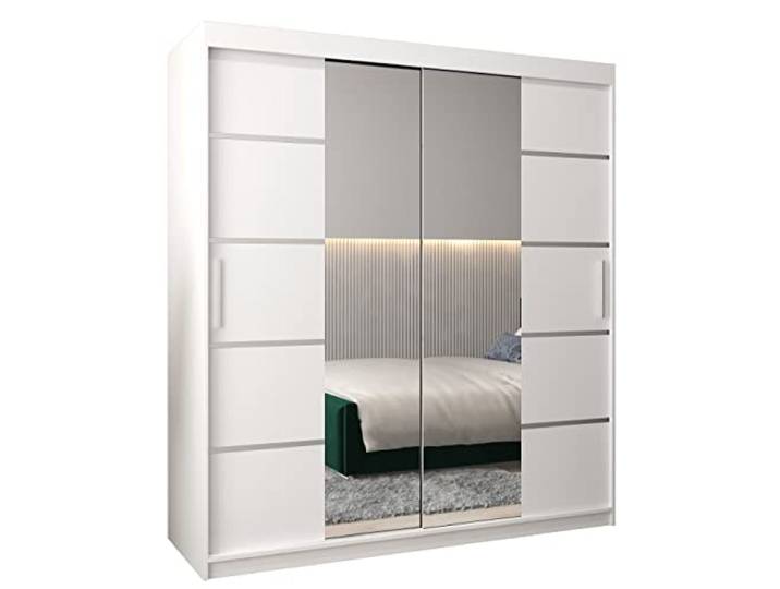 MEBLE KRYSPOL Verona 4 180 Schlafzimmerschrank Schiebetüren Schrank mit Spiegel Kleiderschrank mit Spiegel Schiebetürenschrank Kleiderschrank Schiebetüren – 180x200x62cm - Mattweiß