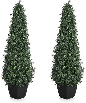 YUN Artificial Boxwood Topiary Trees, Cone Shape Faux Plants with Black Planter, Set of 2 for Porch or Indoor Decoration