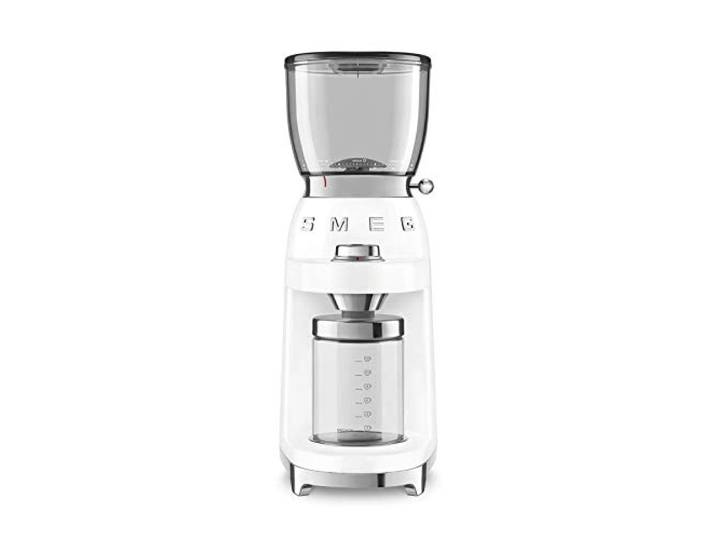 Smeg, Kaffeemühle CGF01WHEU, konisches Edelstahlmahlwerk, 30 Mahlgrad Einstellungen, 350 g Kaffeebohnenbehälter, Premium Aluminium-Druckgussgehäuse, 150W, Weiß