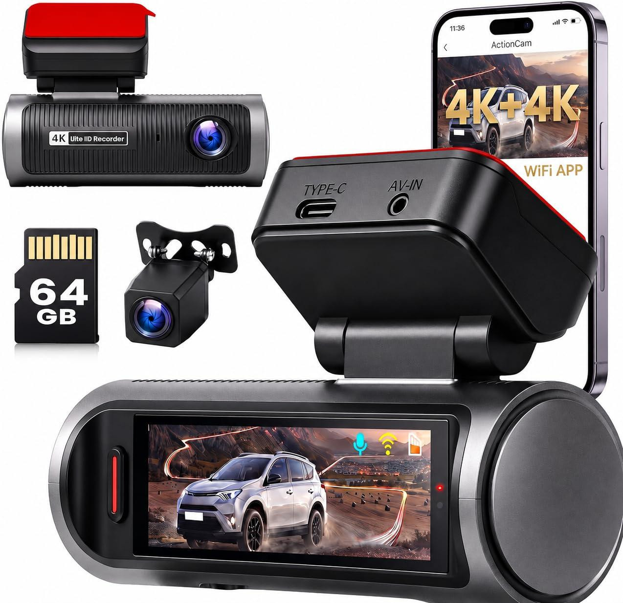 Selius 4K Dashcam voor auto met dubbele camera voor voor en achter