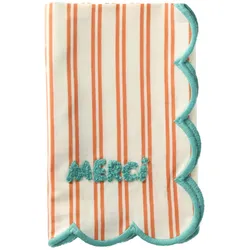 RICE Baumwoll-Serviette MERCI mit orangefarbenen Streifen und grünem Wellenrand, 45 x 45 cm