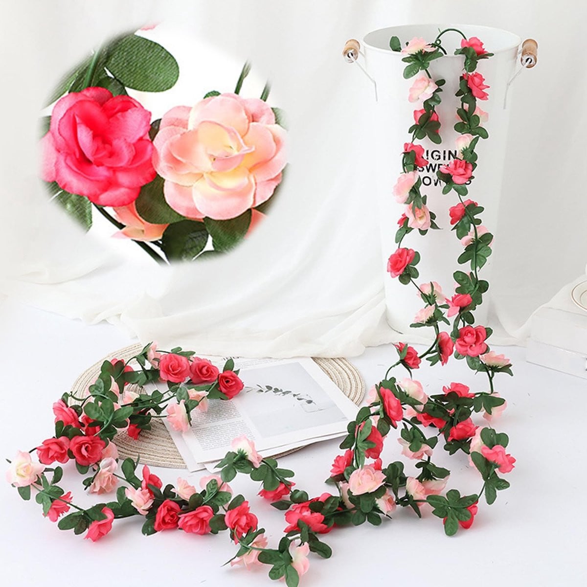 Dailygoods Kunstrozenslinger 220 cm - Kunstbloemen voor buiten en feestelijke decoratie - Roze