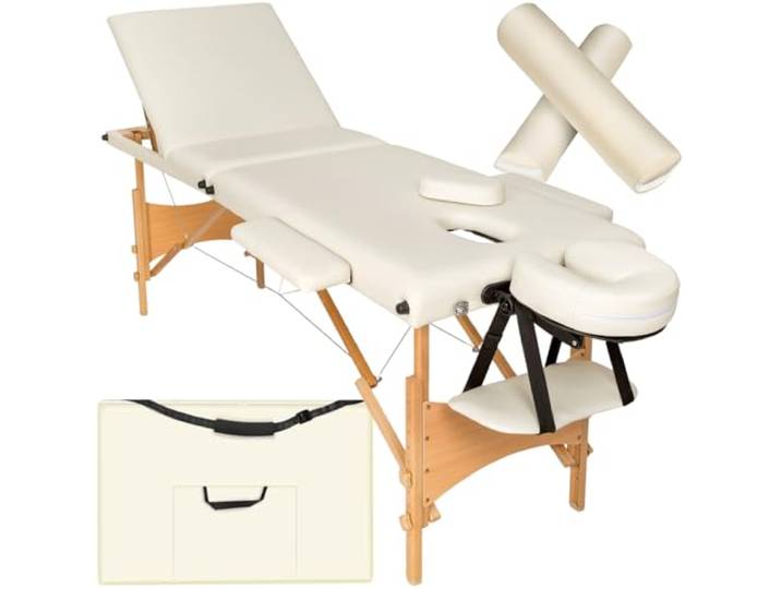 tectake® 3 Zonen Massageliege, belastbar bis 250kg, Mobile Massagebank, Set mit Zubehör, Polsterung, Rollen, Holzgestell, Tragetasche, als Kosmetik Stuhl, Möbel für Studio, höhenverstellbar - beige