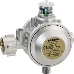 GOK Gasregler Gewerbe EN61-DS 1,5kg/h 50mbar KLF x G1/4LH-KN-90G UEDS