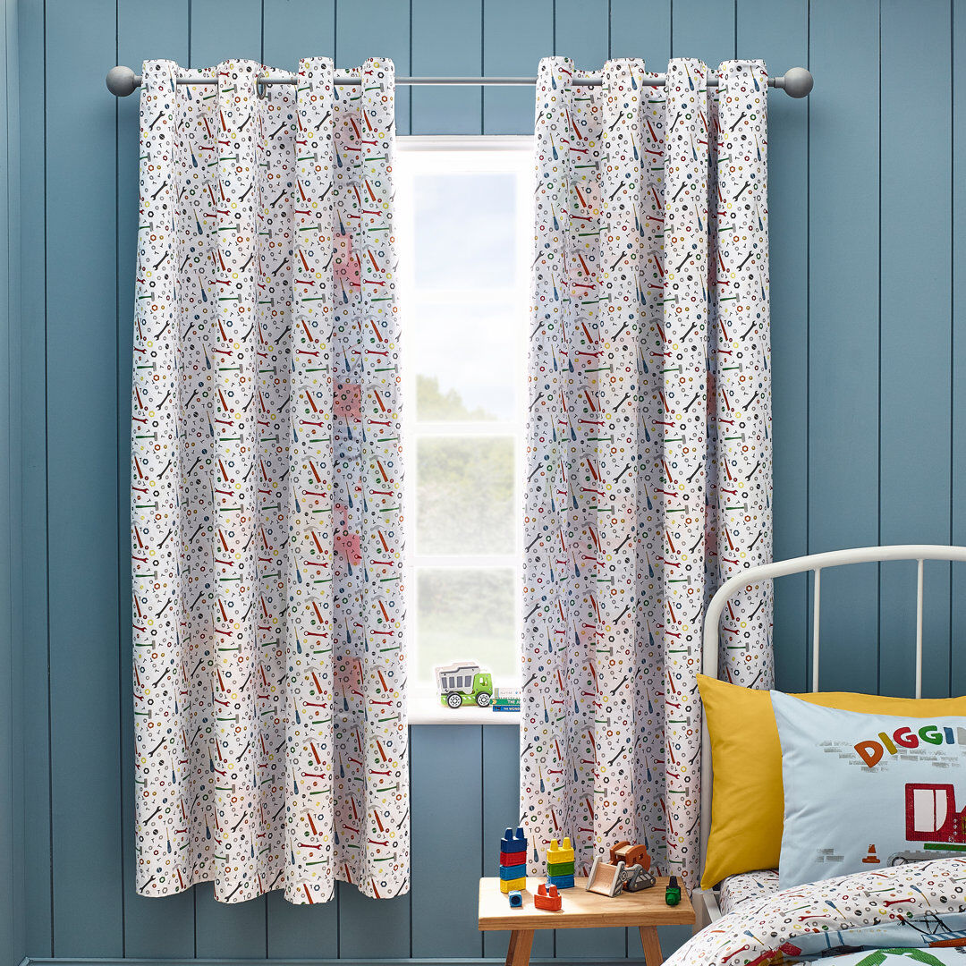 Catherine Lansfield Digger Dreams Fully Reversible Eyelet Curtains Blue 168cm W X 183cm H