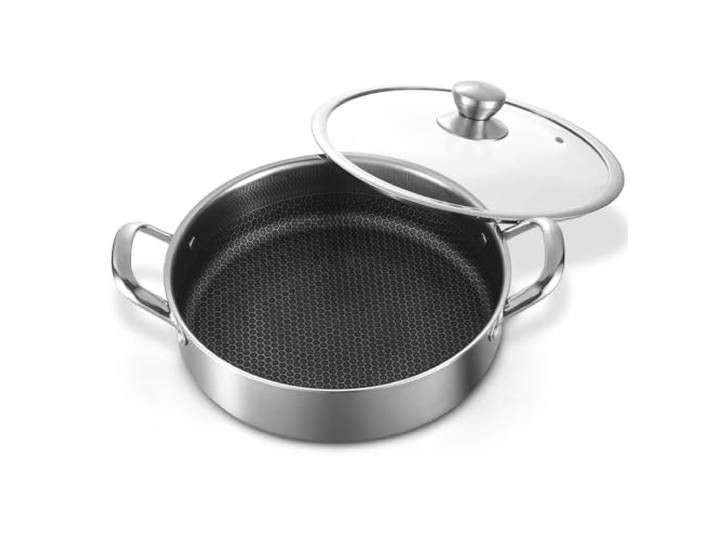 Toutrop Sautépfanne aus Edelstahl, 35,6 cm, tiefe Bratpfanne mit Deckel, antihaftbeschichtet, Hybird-Induktionskochpfanne, PFOA-freies Kochgeschirr, große Bratpfannen