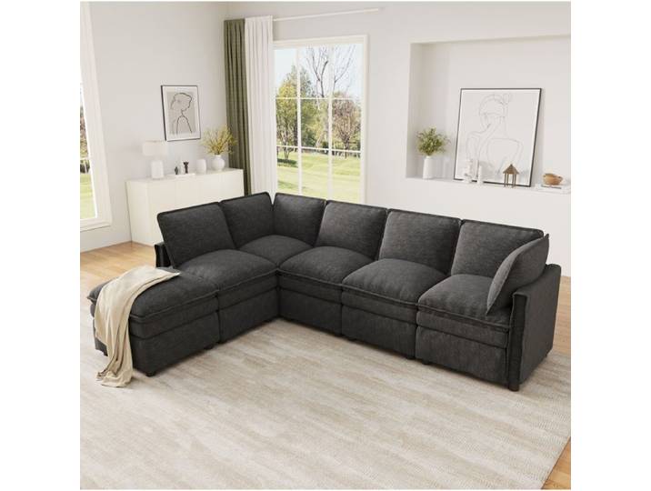 COVREO Canapé modulable XXL 6 places gris en chenille fonction couchage pouf mobile