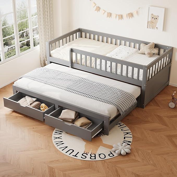 Kinderbett 90x200 cm mit Ausziehbares Bett, Bodenbett mit 2 Schubladen Darunter, Ausziehbett mit Lattenrost, Gästebett Jugendzimmer Kojenbett ohne Matratze (Grau)