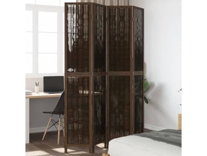 Paulownia Trennwand, 4 Teile, dunkelbraun, massiv, faltbar Faltbarer Raumteiler innen, Weidenzweige, Metallscharniere, Brandoptik, für Wohn- und Bürogebrauch