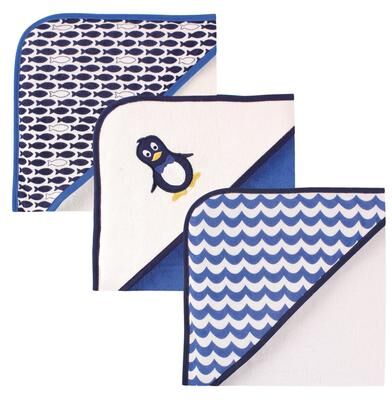 Luvable Friends Baby Boy Cotton Terry Hooded Towels, Mr Penguin, One Size - Mr Penguin - One Size