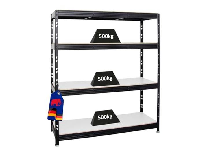 PROREGAL Profi Schwerlastregal Rhino BREIT schwarz HxBxT 180x160x60cm Fachlast 500kg 4X Melamin-Ebenen 16mm Garagenregal, Lagerregal, Steckregal, Weitspannregal