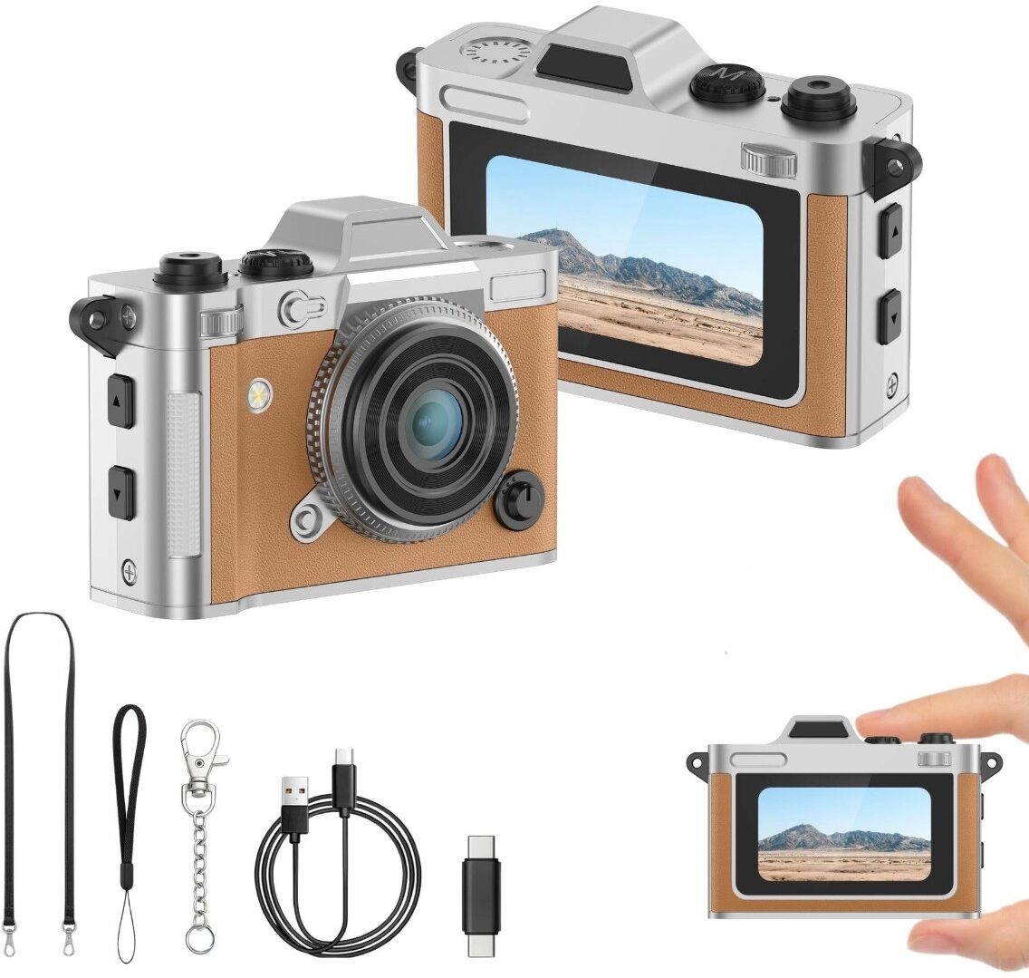 INF Mini-Digitalkamera mit echtem 1080P und 2K-Aufnahme, 1.47 inch HD-Bildschirm, eingebauter 200mAh Akku, USB Type-C, microSD Braun