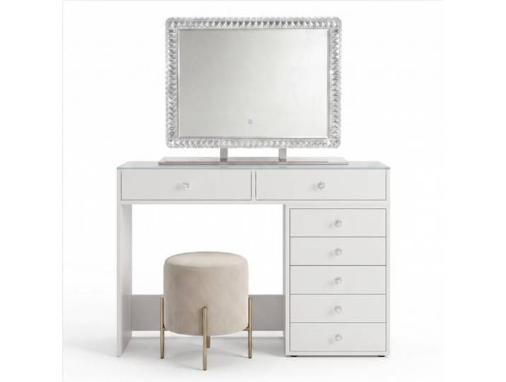 Coiffeuse Homeluxury avec miroir LED crystal 80cm - Blanche Vitrée 120cm avec 7 tiroirs