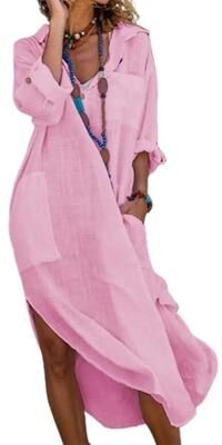 Uplifted Finds Shirt Dress For Women Linen Cotton Clothing Oversized Pure Long Midi Dress 2xl pink