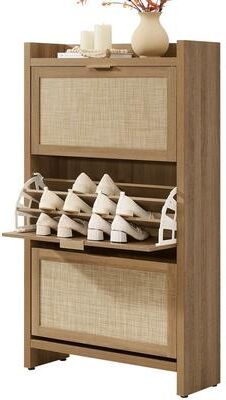 SICOTAS 30-Pair Rattan Shoe Cabinet with 3 Flip Doors, Entryway Storage