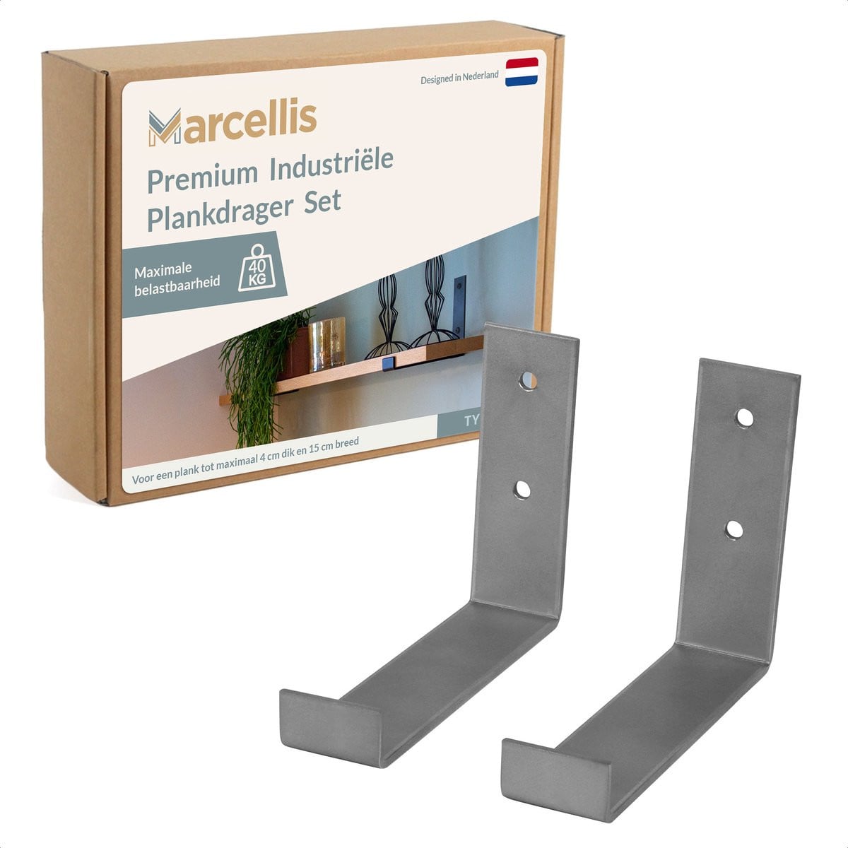 Marcellis 2x Industriële plankdrager voor plank van 15 cm met schroefset - Roestvrij staal - T4