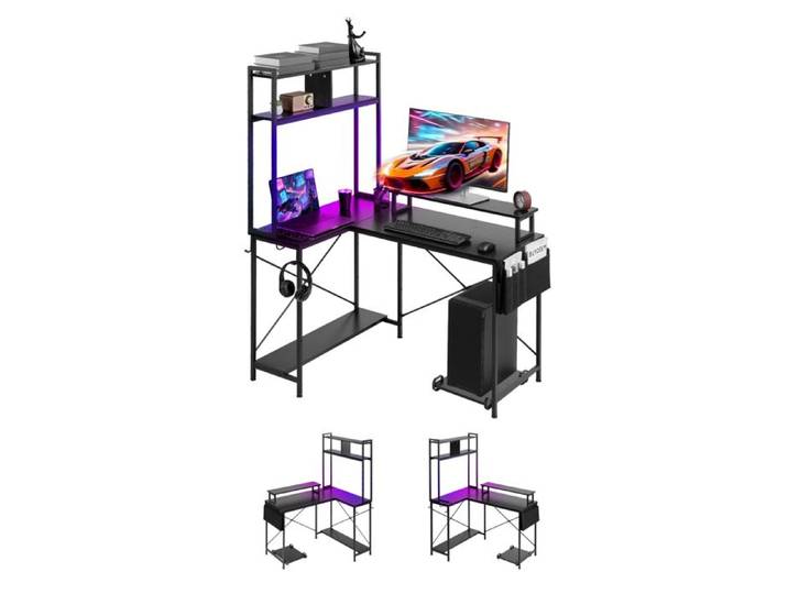 Bureau Gaming-VEVOR-Angle Éclairage LED Bureau en L Réversible 1 2 m Table d'Ordinateur pour Télétravail avec Prises Électriques