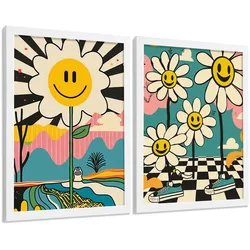 POSTER 4er Kunstdruck-Set Wandbilder Smiley Blume modern Wohnzimmer Deko, Schlafzimmer, Küche, Badezimmer Weißer Rahmen A3