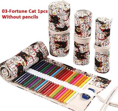 Inspired Finds Canvas Roll Up Pencil Case With 12 Slots For Organized School And Art Supplies fortune Cat