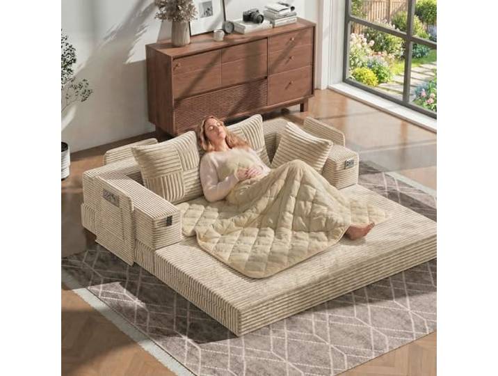 Fabulcozy 4-in-1 Schlafsofa 3-Sitzer mit Aufbewahrungs-Armlehnen, 2-in-1 Kissen-Decke Inklusive, Boneless in Cordvelours, Metallrahmen, Waschbarer Bezug, für Wohnzimmer & Schlafzimmer(Khaki)