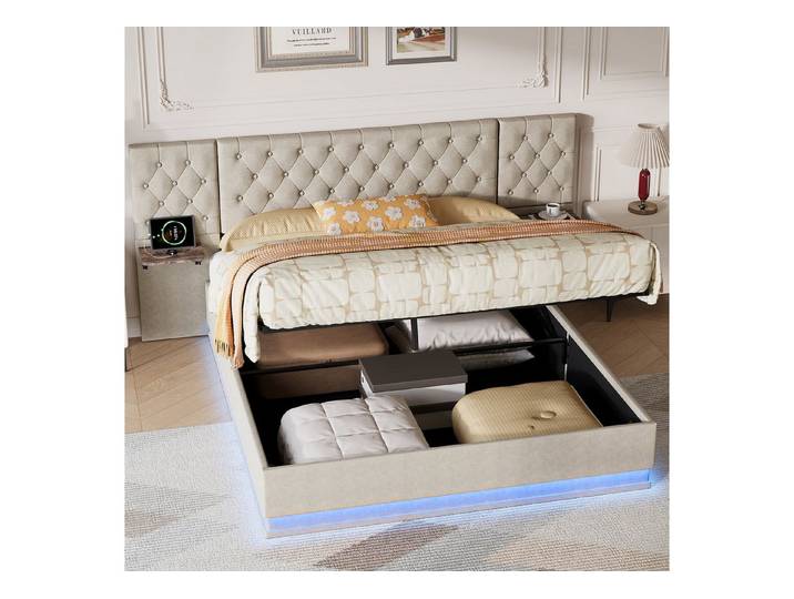 Yelenaro Polsterbett Doppelbett Hydraulisches Stauraumbett (Set, 1-tlg., 140×200cm mit 2 Regal Drahtloses Laden USB-Laden), Leinenm,Beige