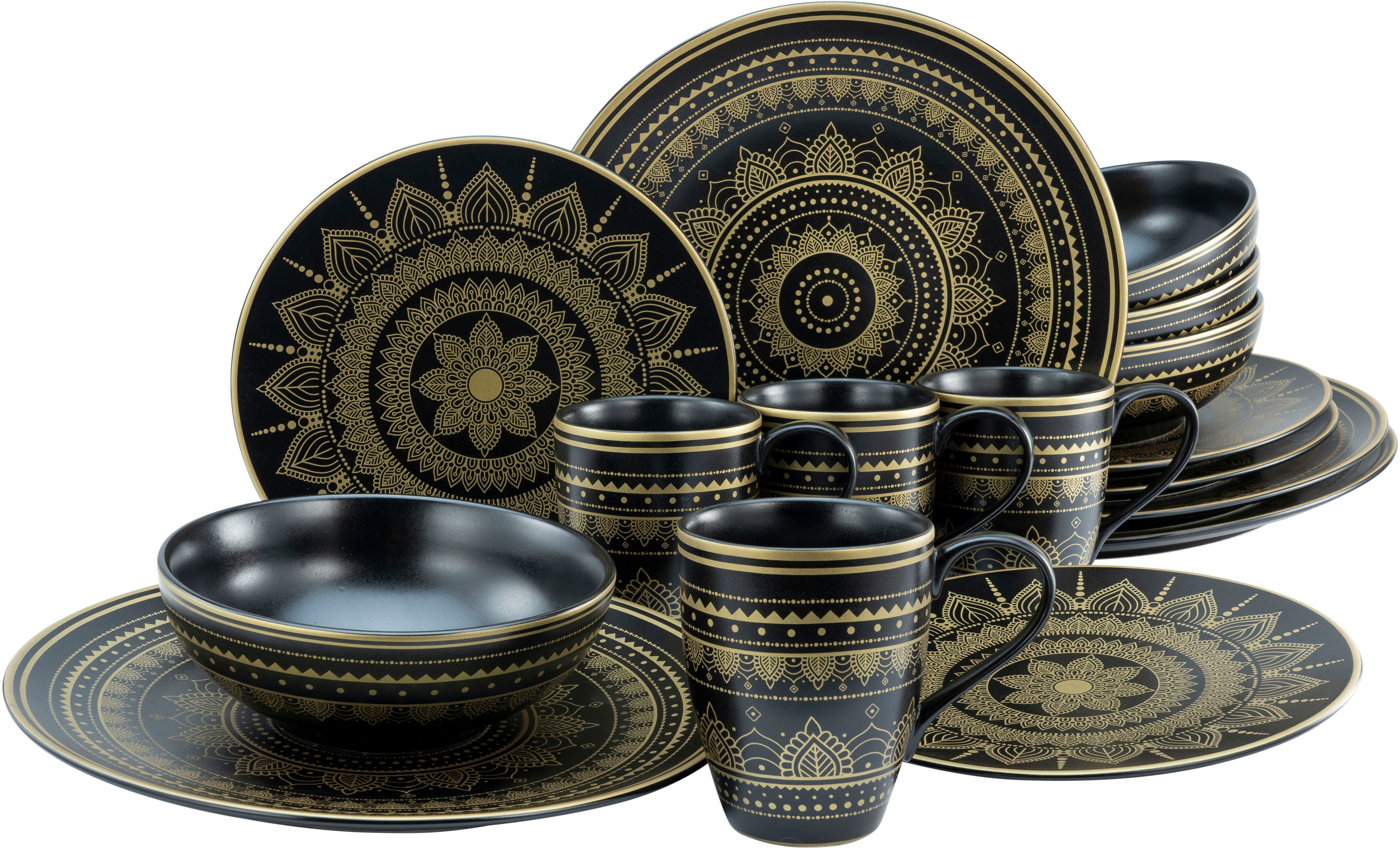 Kombiservice CREATABLE "Mandala Gold", gold (schwarz, goldfarben), 16 Stk., Steinzeug, Geschirr-Sets, Kombiservice, Service, goldene orientalische Motive, 16 Teile, für 4 Personen, Topseller