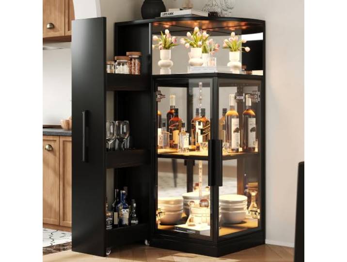 BTM LED Glasvitrine Stehend mit Ausziehbarer Seitenschrank, Eckvitrine Wohnzimmer/Sammlervitrine/Weinschrank, Schwarz