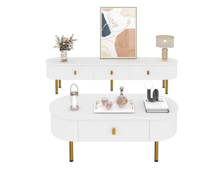 Flieks Wohnzimmer-Set Couchtisch Schubladen abgerundet modern Wohnzimmer, Weiß, 174x41x35 cm, Wohnzimmer, Wohnwände