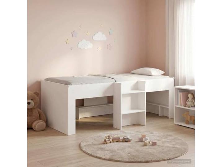 RJPLMFV Hochbettgestell für Kinder, Weiß, 98,5 x 200 cm Stabiles Holzwerkstoff, integrierte Leiter, Unterbettaufbewahrung, TPE-Protektoren, ohne Matratze