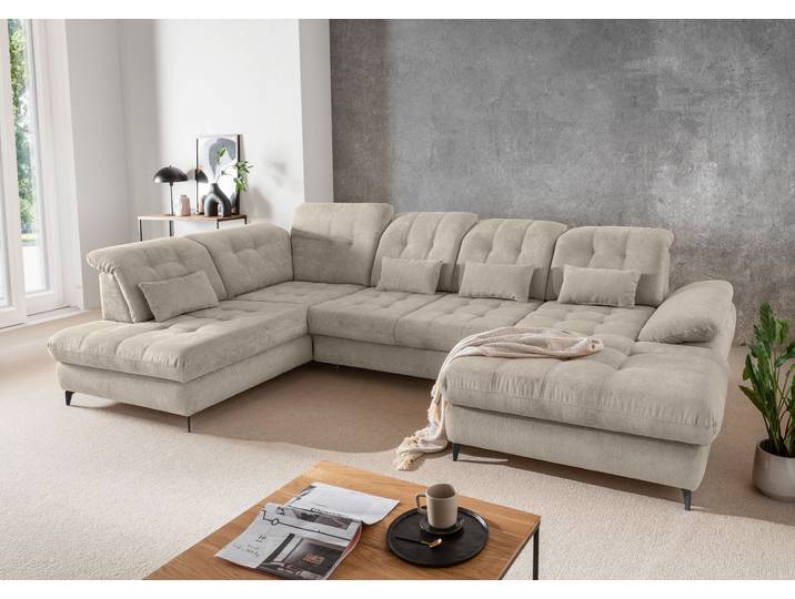 Ecksofa HOME AFFAIRE Delphino, Multifunktionen, 358 x 216 cm, modern & bequem , beige (taupe), B:358cm T:216cm, 100% Polyester, Sofas, Ecksofa, Microfaser, L-Form, Bettfunktion, Nierenkissen, Verstellungen