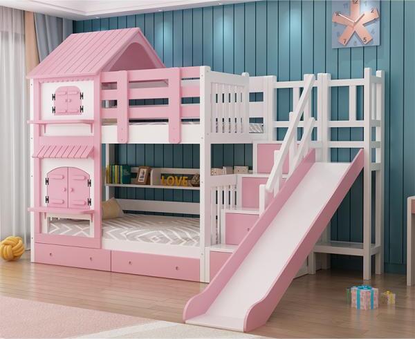 360Home Buntes Kinder Etagenbett mit Rutsche Spielbett Children bunk bed 1500x2000mm Rutschen Rosa