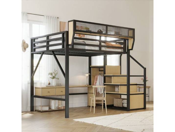 Lit mezzanine - LANGTU - 140x200 - Structure métal - Rangement intégré & escalier - Noir