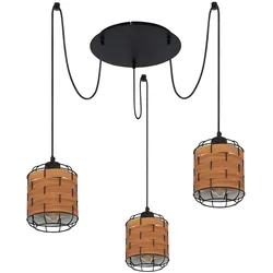 Pendelleuchte 3 flammig Lampenschirm Hängelampe Holzoptik Wohnzimmerlampe zum verstellen, Metall Kunststoff, schwarz braun, 3x E27 Fassungen, DxH 38,5x200 cm