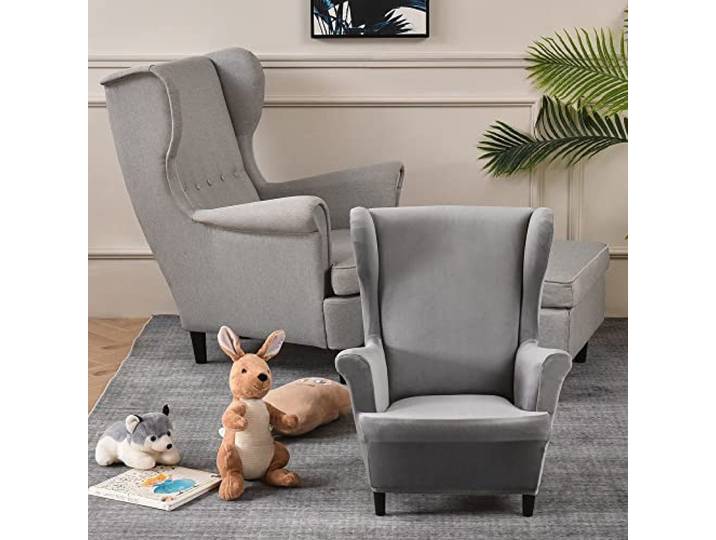 Highdi Velours Housse de Fauteuil à Oreilles Extensible 2-Pièces Couverture de Fauteuil avec Housse de Coussin en T\, Couleur Unie Mode Strandmon Housse de Fauteuil Antidérapante (Gris)
