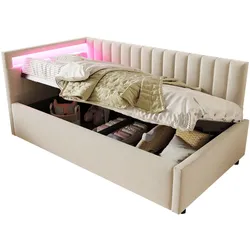 OKWISH Polsterbett Schlafsofa mit LED-Kopfteil, hydraulischem Stauraum und Samtbezug 90x200 cm elegantes Sofa-Bett mit Komfort Beige