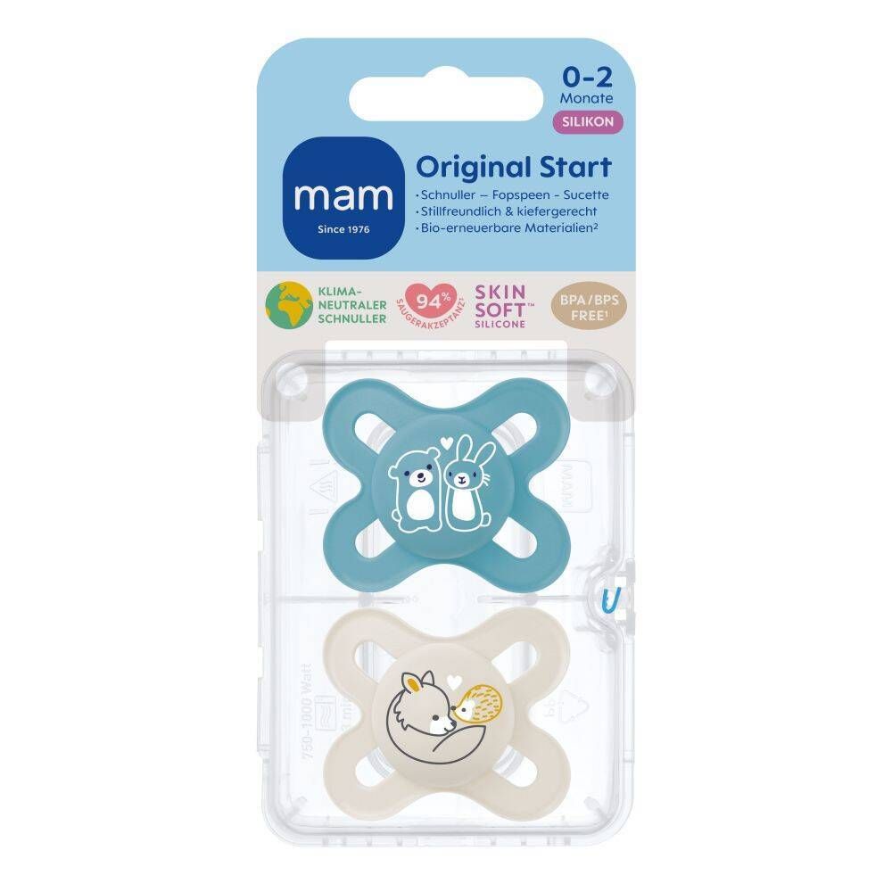 MAM Original Start Fopspeen Silicone Blue 0-2 2 St Schnuller