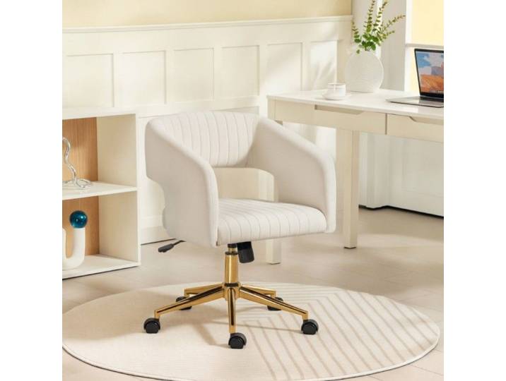 Chaise de bureau velours blanc crème - Siège inclinable et réglable en hauteur - Roulettes - Design ergonomique