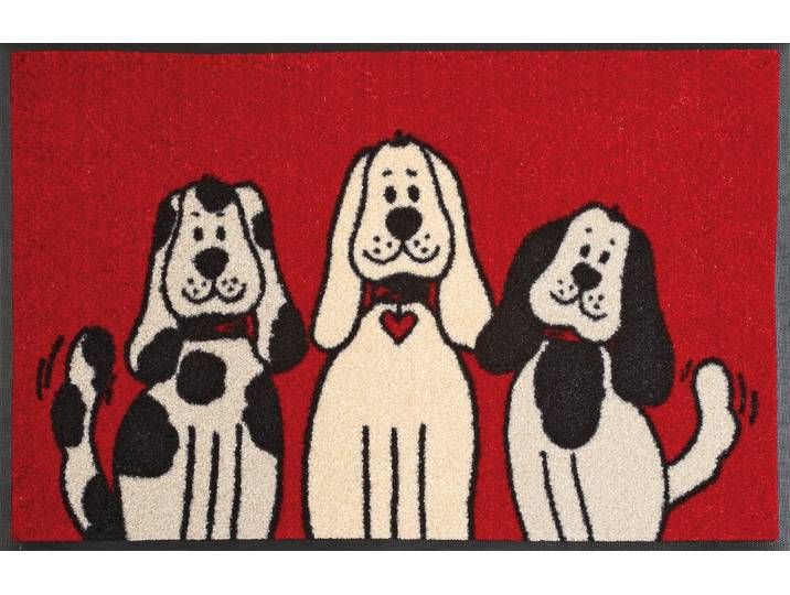 Fussmatte Three Dogs Gr. 60, rot (rot, beige), B:40cm H:9mm L:60cm, Kunstfaser, WASH+DRY BY KLEEN-TEX, Teppiche, Fussmatte, Schmutzfangmatte, Motiv Hunde, rutschhemmend, waschbar