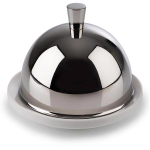 APS Butterdose 15921, aus Porzellan / Edelstahl, Butterservierer, rund, 9 x 7 cm, weiß / silber