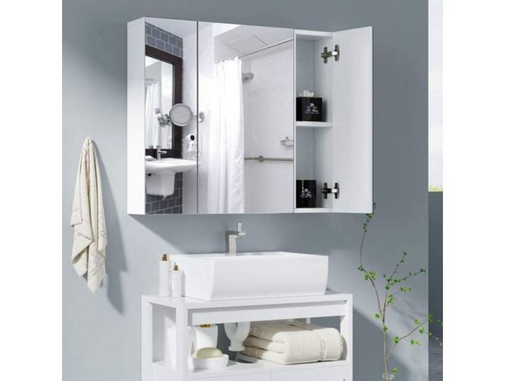 Getone Meuble Salle de Bain Murale Armoire Salle de Bain avec Miroir ArmoireToilette Miroir avec 3 Portes Blanc 70x15x60cm Blanc