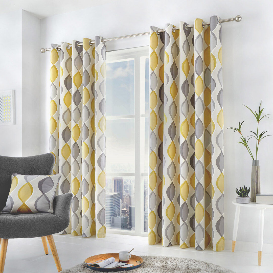Fusion 100% Cotton Ready Made Eyelet Curtain Grey/Yellow Width 229 x Drop 229 cm