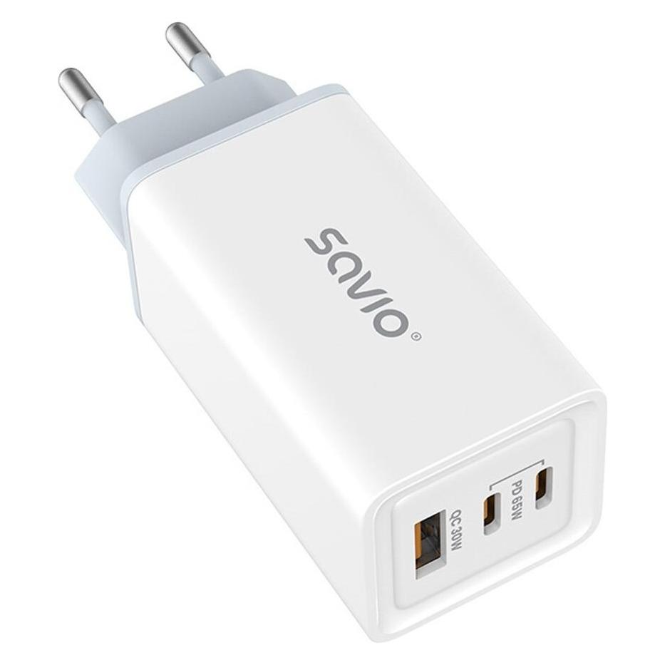 Savio Das Ladegerät ist mit dem Netzwerk USB GaN 65W, Quick Charge 4.0, Power Delivery 3.0, LA-07 verbunde (65 W, 3 Ports) (SAVLA-07)