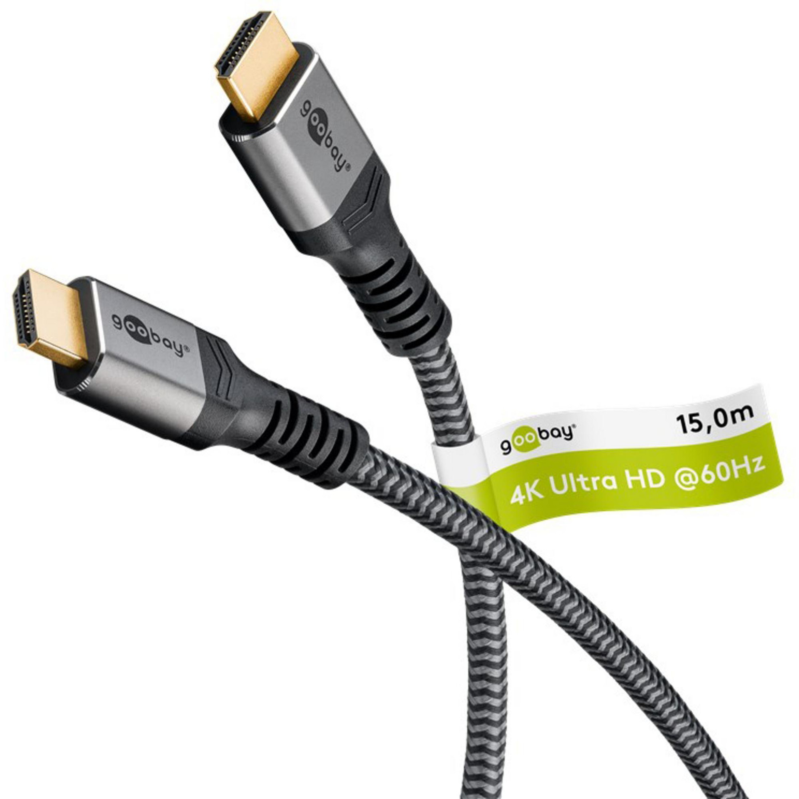 Goobay Plus-serie High-Speed HDMI-kabel met Ethernet, 15 m, zwart-zilver, 4K/60 Hz