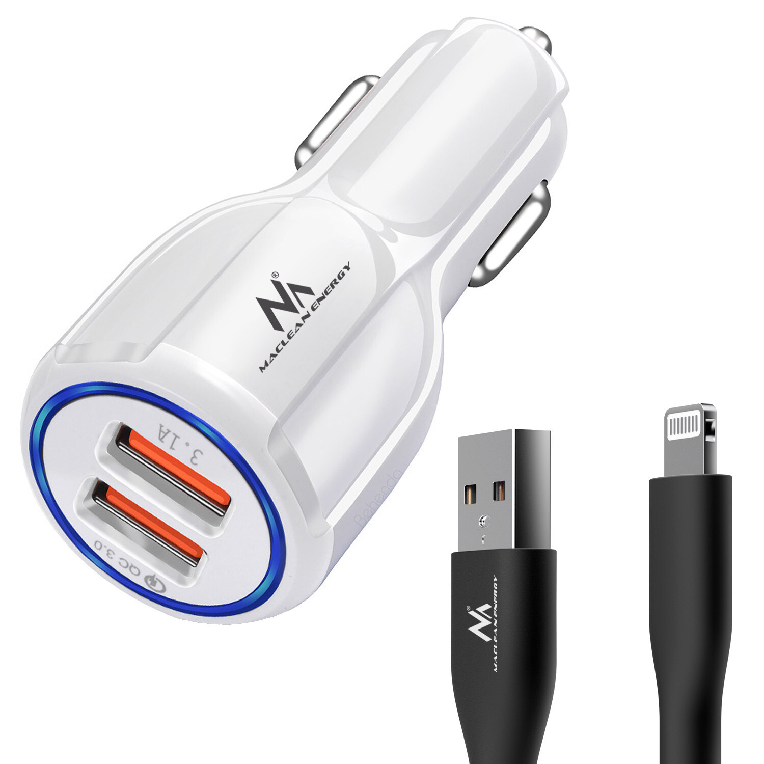 Maclean autolader met Qualcomm Quick Charge 3.0 en USB Lightning-kabel